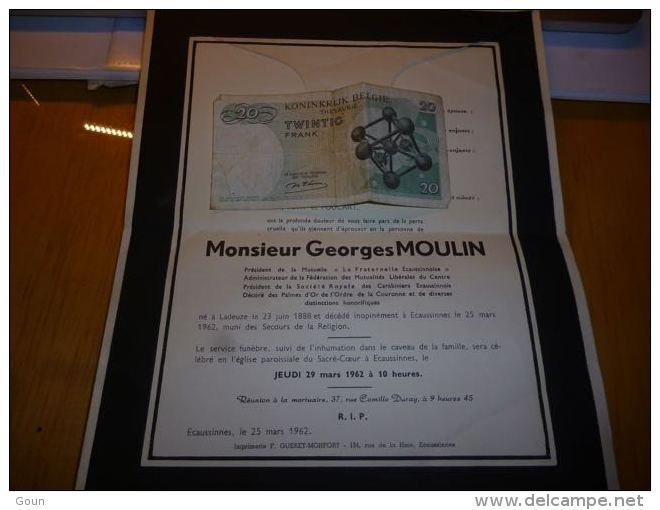 LDM-2 Lettre De Mort Georges MOULIN Ladeuze 1888 Ecaussinnes 1962 FELTEN PETIT COGNEAU - Tickets