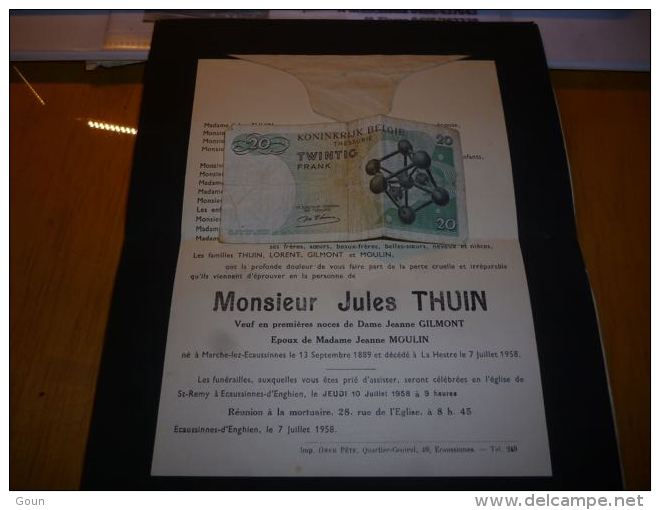 LDM-2 Lettre De Mort Jules THUIN GILMONT MOULIN ROLAND Marche Lez Ecaussinnes 1889 La Hestre 1958 - Billetes