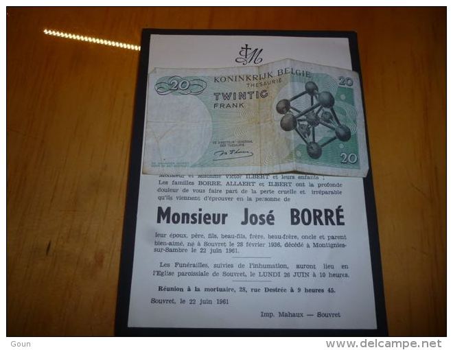 LDM-2 Faire Part Deces José BORRE ILBERT ALLAERT Souvret 1936 Montignies Sur Sambre 1961 - Tickets