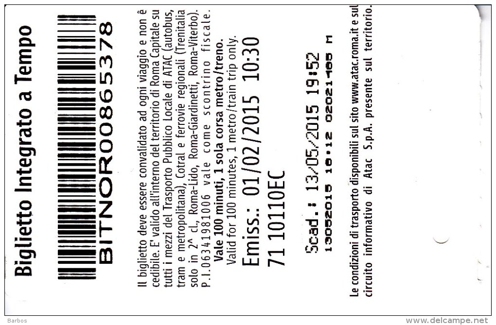 Italy , Roma   , Metro - Bus  - Autobus Ticket  , 2015 - Europa