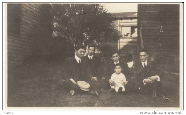 Japanese Men And Boy Pose In Front Of Building, Unidentified Place, C1910s Vintage Real Photo Postcard - Other & Unclassified