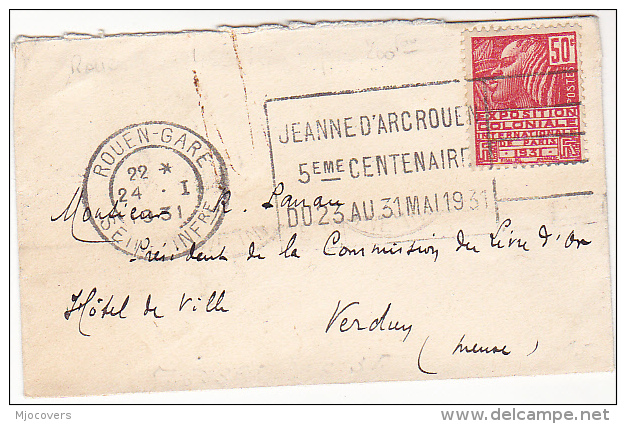 1931 Rouen FRANCE Stamps COVER SLOGAN Pmk JOAN Of ARC 500th Centenary - Briefe U. Dokumente