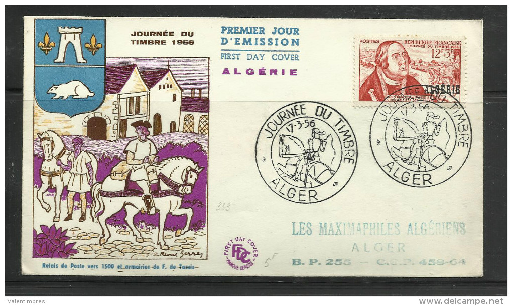 Algérie FDC Premier Jour Journée Timbre 1956 Alger  Cheval Horse Pferd Caballo François De Tassis - FDC