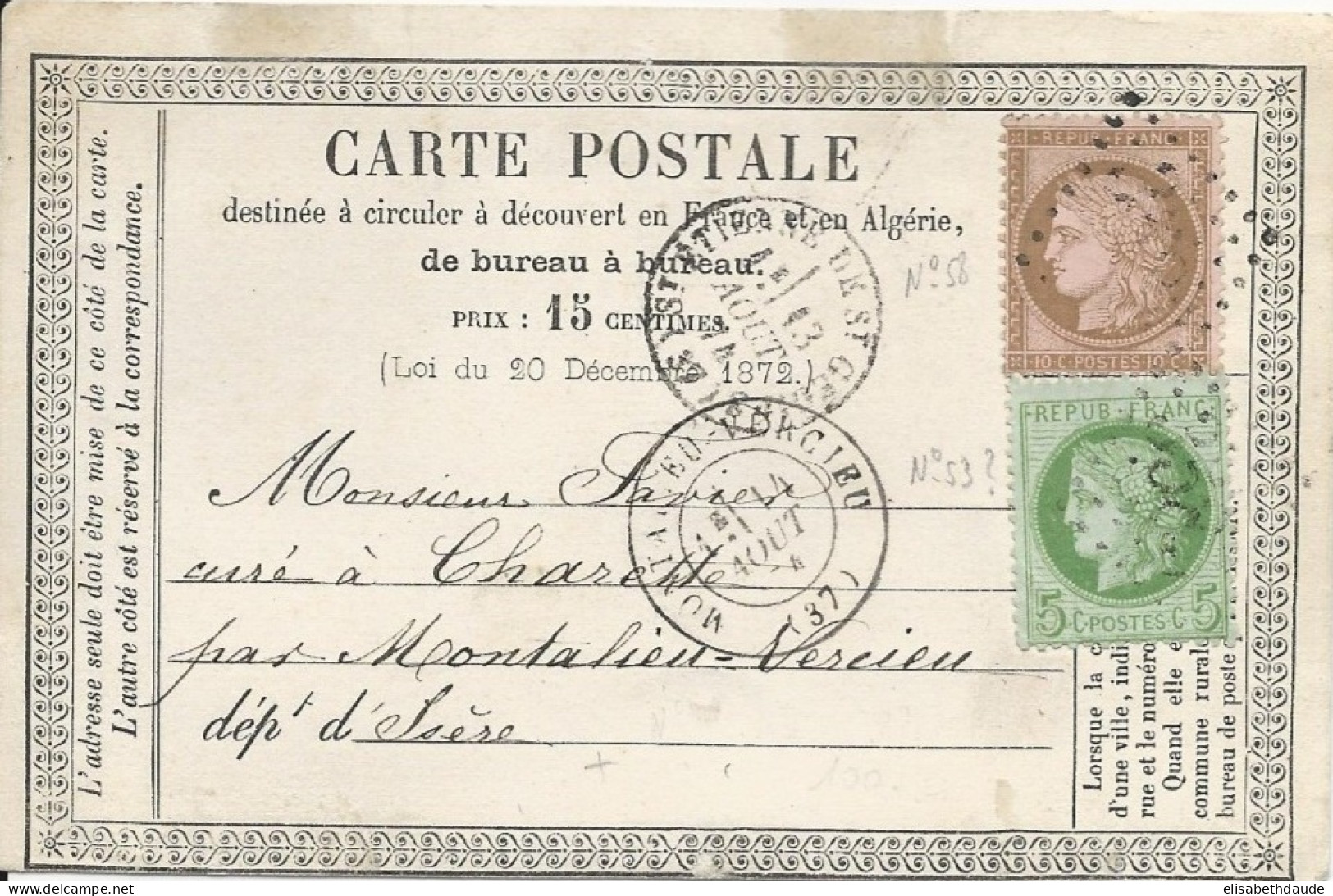 ISERE - 1874 - CP PRECURSEUR ENTIER TYPE CERES De ST ETIENNE DE ST GEOIRS PC 3583 - IND 6 - 1871-1875 Cérès