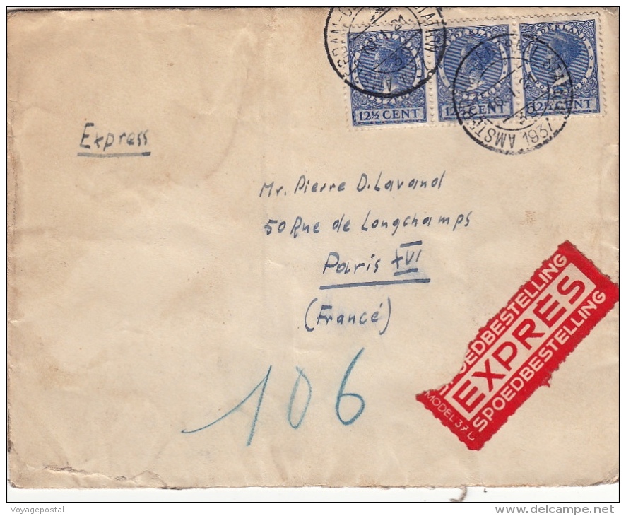 Lettre Amsterdam "Expres" Pour Paris 1921 - Briefe U. Dokumente
