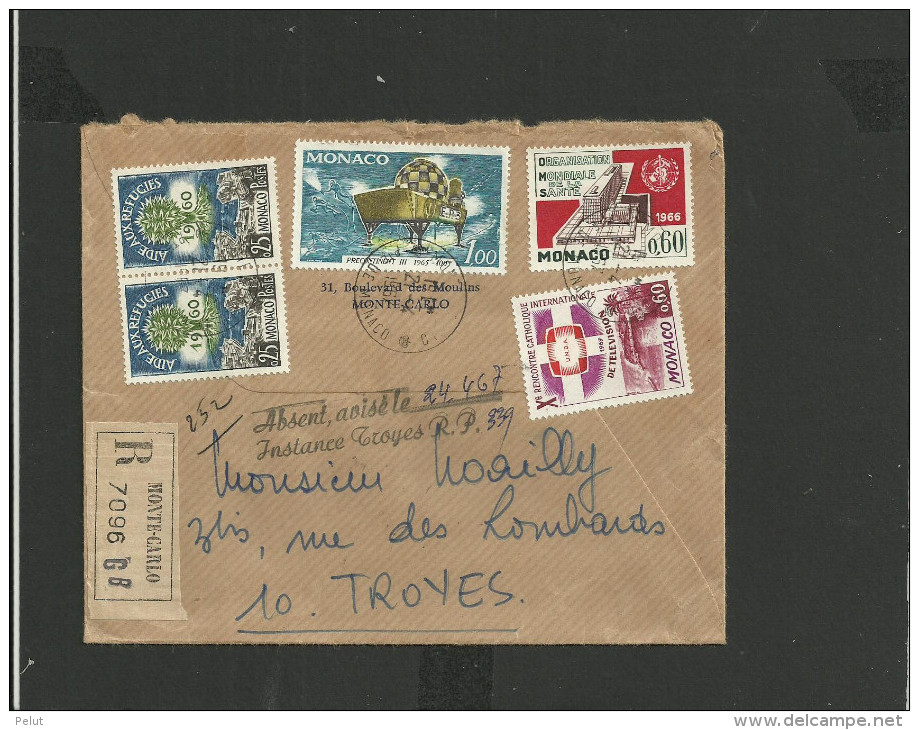 Enveloppe Recommandée Monaco 1967 Cachet D'arrivée En Lettres Italiques "absent, Avisé Le...instance TROYES" - Lettres & Documents