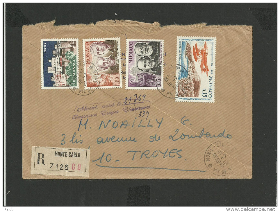 Enveloppe Recommandée Monaco 1969 Cachet D´arrivée En Lettres Italiques "absent, Avisé Le...instance TROYES CHARTREUSE" - Brieven En Documenten