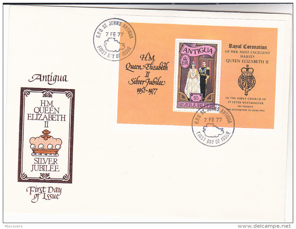 1977  ANTIGUA FDC MINIATURE SHEET  5.00  Royal SILVER JUBILEE Stamps Cover Royalty Emblem Heraldic Lion - 1960-1981 Ministerial Government