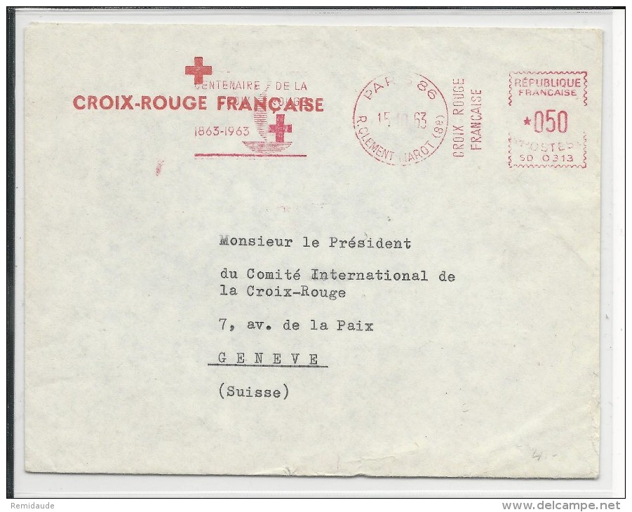 CROIX-ROUGE - 1963 - ENVELOPPE Avec EMA CENTENAIRE De La CR De PARIS Pour GENEVE - EMA (Printer Machine)