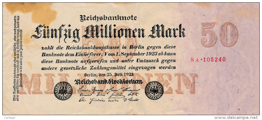 Billets -  B1677- Allemagne - République  Weimar- 50 Millionen  Mark 1923 ( Type, Nature, Valeur, état... Voir 2 Scans) - 50 Millionen Mark