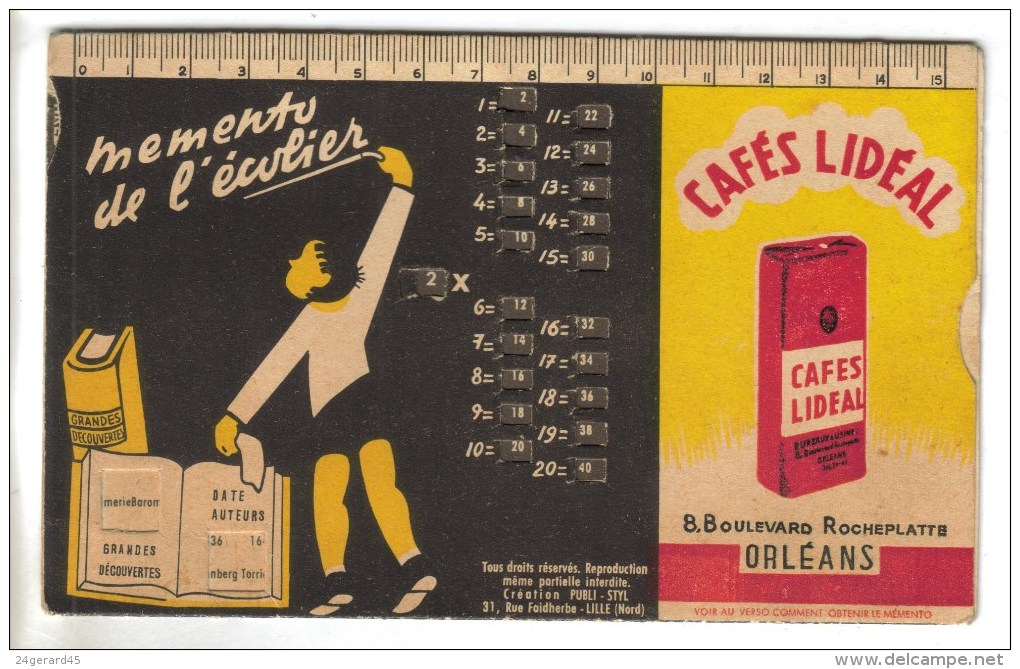 CARTE SYSTEME PUBLICITAIRE "MEMENTO DE L'ECOLIER" - Cafés LIDEAL 8 Bd Rocheplatte Orleans - Advertising