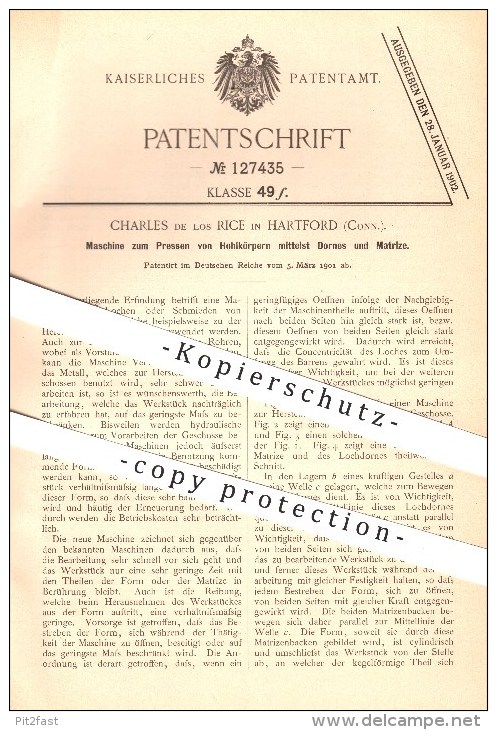 Original Patent - Charles De Los Rice In Hartford , Conn. , 1901 , Pressen Von Hohlkörpern , Schmied , Metall , Stahl !! - Tools