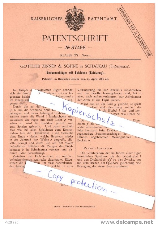 Original Patent - Gottlieb Zinner & Söhne In Schalkau , Thüringen , 1886 , Spieldose Als Beckenschläger !!! - Antikspielzeug