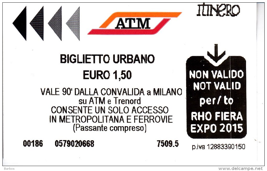 Italy , Milano   ,EXPO 2015 ,  Metro  Ticket  , 2015 - Europe