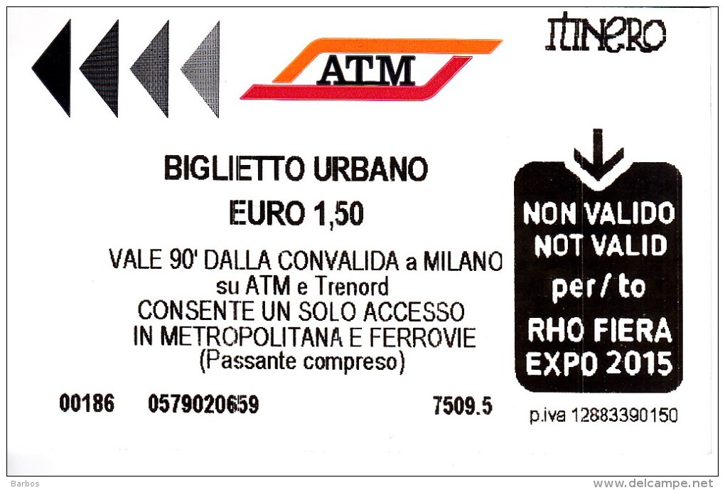 Italy , Milano   , Metro  Ticket  , 2015 - Europe