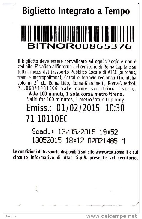 Italy , Roma   , Metro - Bus  - Autobus Ticket  , 2015 - Europe