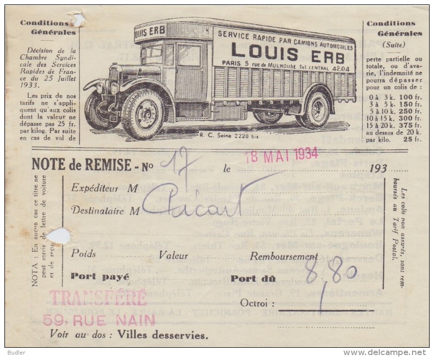 1934: Note De Remise De / Leveringsbon Van : ## Service Rapide LOUIS ERB, Paris ## à PICART, ... - Transport