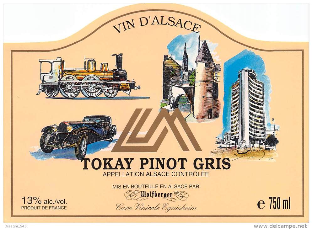 03427 "CAVE VINICOLE EQUISHEIM - TOKAY PINOT GRIS". ORIGINAL LABEL WITH TRAIN . ETICHETTA ORIGINALE CON TRENO. - Trenes