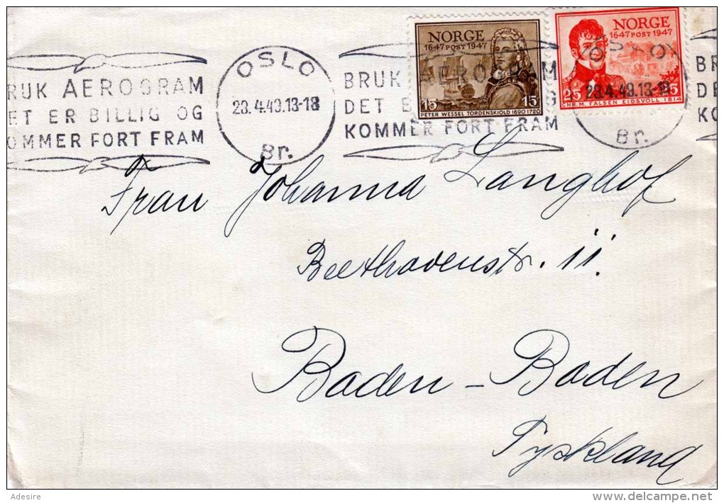 1949 Brief OSLO - BADEN-BADEN, 2 Sondermarken Werbestempel - Briefe U. Dokumente