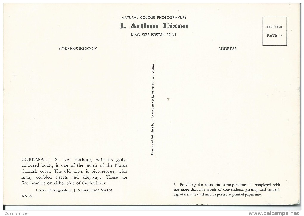 St. Ives Harbour J. Arthur Dixon King Size Print KS 29 Unused  Front & Back Shown As Pictured - St.Ives