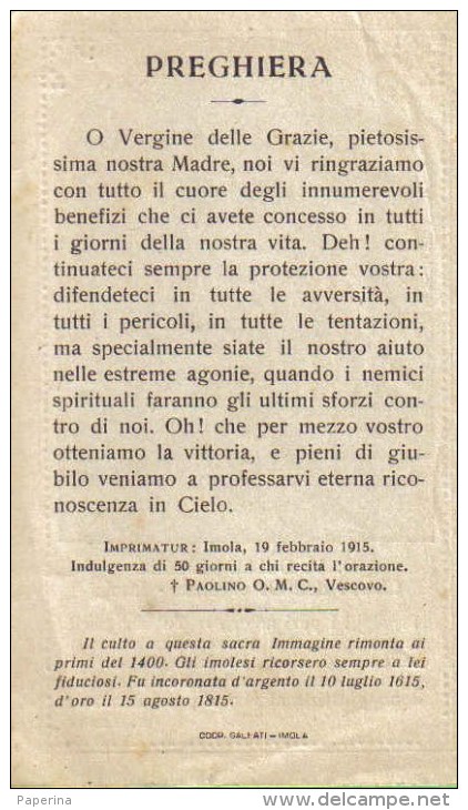 SANTINO BEATA VERGINE DELLE GRAZIE CHIESA DELL'OSSERVANZA IMOLA - Imágenes Religiosas