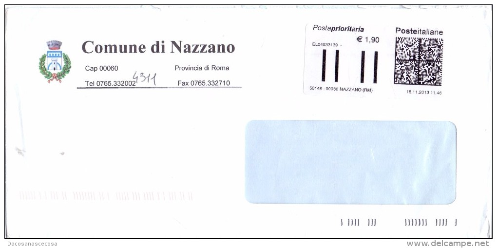 COMUNE DI NAZZANO - 00060 PROV. ROMA - ANNO 2013 - PP - FTO 11x23 - TEMA TOPIC COMUNI D'ITALIA - STORIA POSTALE - Macchine Per Obliterare (EMA)