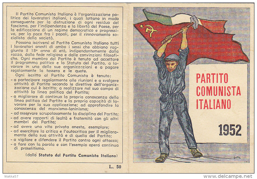 3-4225- Tessera P.C.I. Partito Comunista Italiano 1952 + Marca Sostenitore + Bollino Illustrata Guttuso - Ottima - Altri & Non Classificati