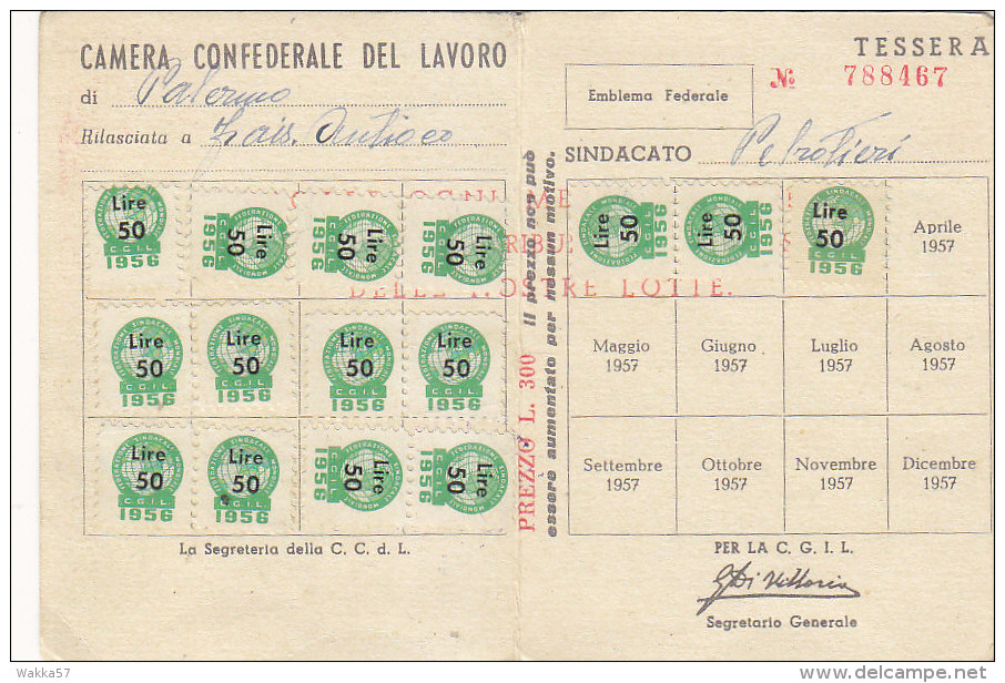 3-4230-  Tessera CGIL 1956 1957 Con Bollini - Altri & Non Classificati