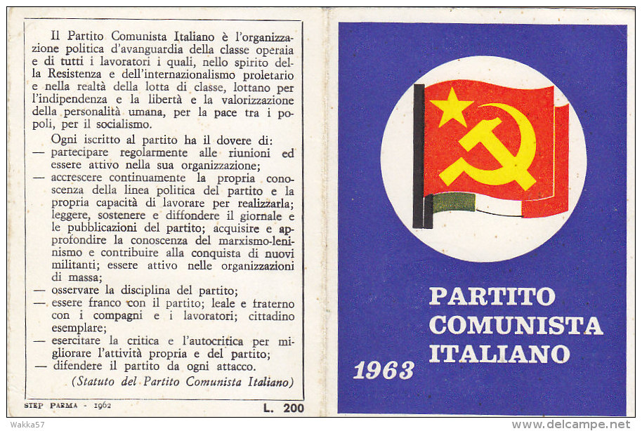 3-4234- Tessera P.C.I. Partito Comunista Italiano 1963 + Bollino - Ottima - Altri & Non Classificati