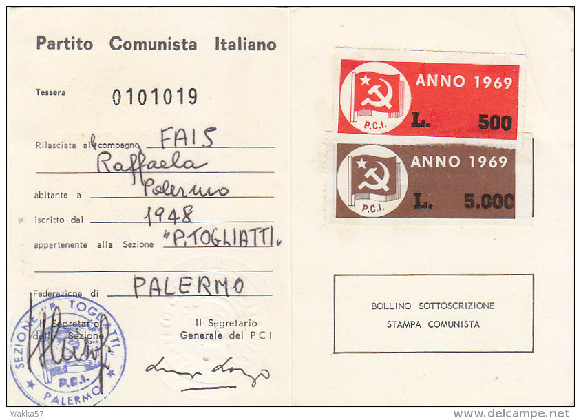 3-4237- Tessera P.C.I. Partito Comunista Italiano 1969 Con Bollini Da Lire 5000 + 500 - Altri & Non Classificati