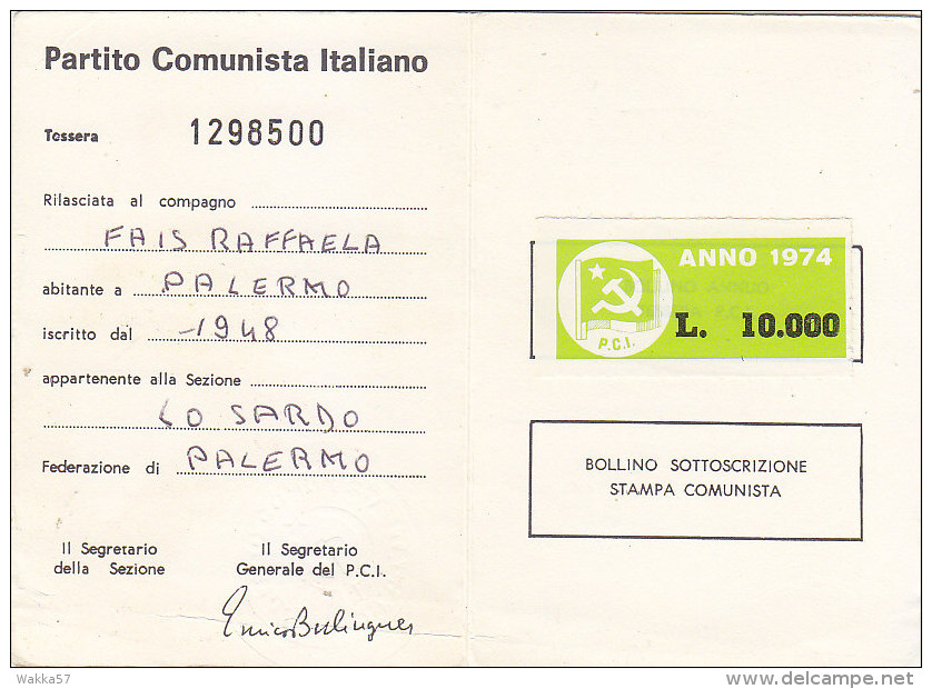 3-4239- Tessera Partito Comunista 1974 Con Bollino Da Lire 10.000 - Altri & Non Classificati