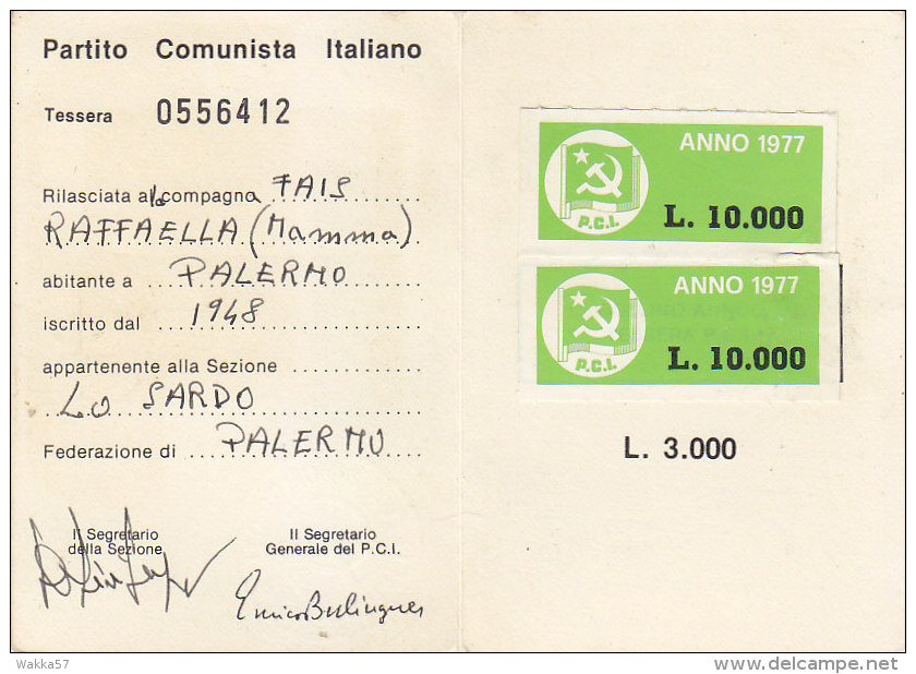 3-4240- Tessera Partito Comunista 1977 Con 2 Bollini Da Lire 10.000 - Altri & Non Classificati