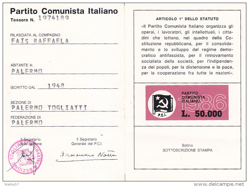 3-4242- Tessera Partito Comunista 1986 Con Bollino Da Lire 50.000 - Altri & Non Classificati