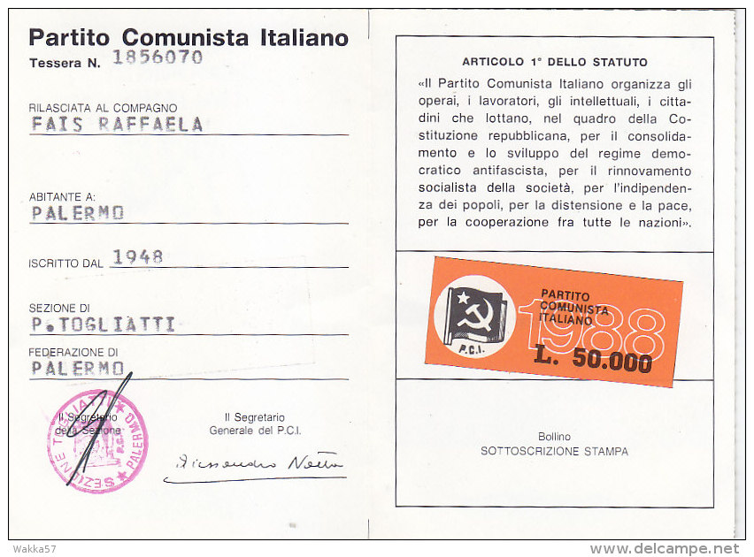 3-4243- Tessera Partito Comunista 1988 Con Bollino Da Lire 50.000 - Altri & Non Classificati