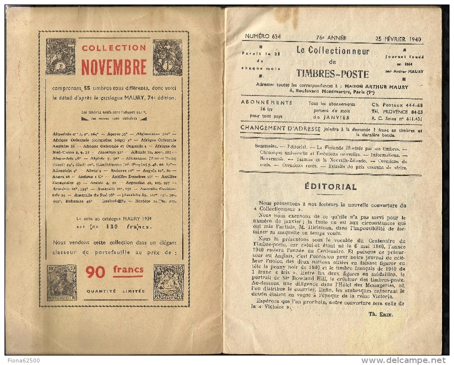CATALOGUE . ARTHUR MAURY .  LE COLLECTIONNEUR DE TIMBRES - POSTE . N°  634 . 25 FEVRIER 1940 . - Lettres & Documents
