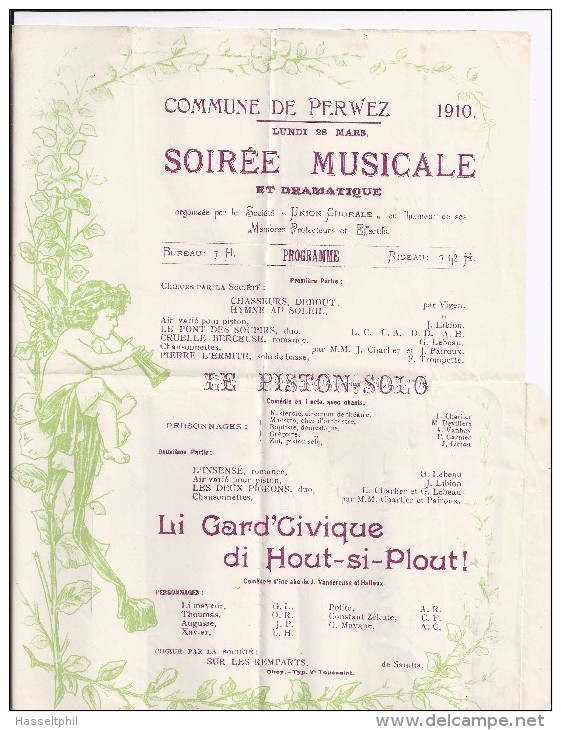 Soirée Musicale Et Dramatique Commune De Perwez  Le Piston-Solo 1910 - Autres & Non Classés