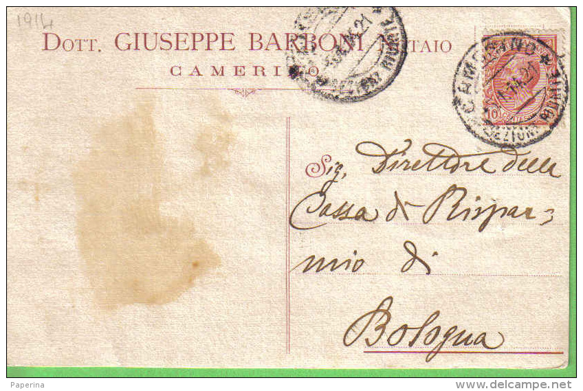 DOTT. GIUSEPPE BARBONI NOTAIO CAMERINO VIAGGIATA 1914 - Pubblicitari