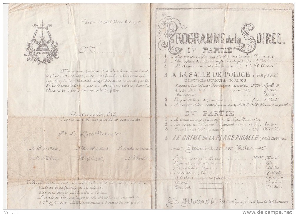 PROGRAMME DE LA LYRE VIONNAISE DE 1907 - Programmi