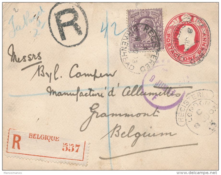 417/23 - Allumettes Belgique - Enveloppe Reco BIRKENHEAD Angleterre 1903 Vers Byl Campen , Manufacture à GRAMMONT - Usines & Industries