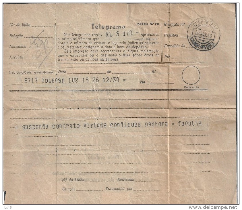 Telegram Dispatched Golegã To Lisbon 11/26/1936.Obliterated On Arrival CTT Almirante Reis.Station No Longe.2 Sca. Rare. - Covers & Documents