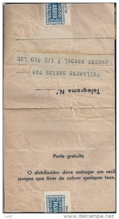 Telegram Dispatched Golegã To Lisbon 11/26/1936.Obliterated On Arrival CTT Almirante Reis.Station No Longe.2 Sca. Rare. - Storia Postale