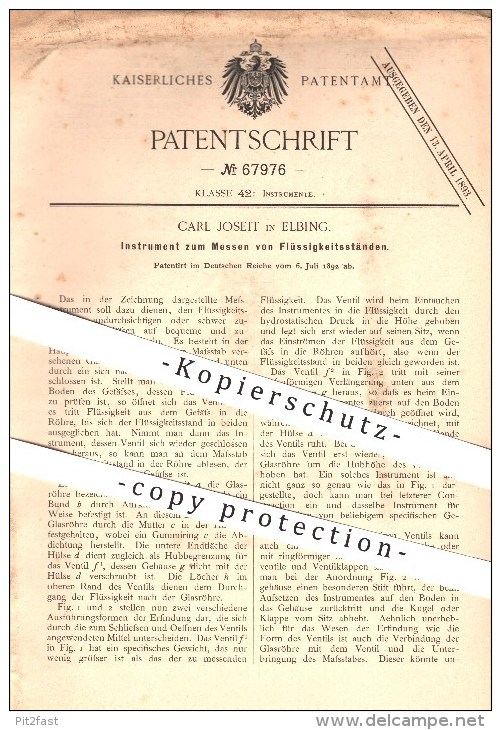 Original Patent - Carl Joseit In Elbing , 1892 , Messen Von Flüssigkeitsständen , Füllstand , Massstab !!! - Historische Dokumente