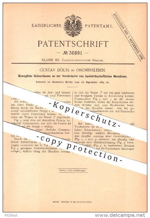 Original Patent - Gustav Bölte In Oschersleben , 1885 , Landwirtschaftliche Maschinen , Landwirtschaft , Bauer !!! - Historische Dokumente