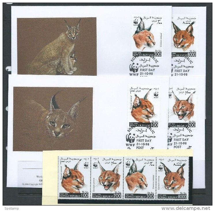 Somali Republic 1998 WWF Wild Cat Set 4 MNH And On 4 Special FDC - Djibouti (1977-...)