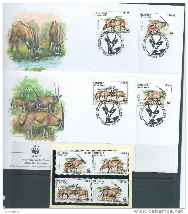 Eritrea 1996 WWF Beisa Oryx Antelope Set 4 Both MNH & On 4 Special FDC - Erythrée