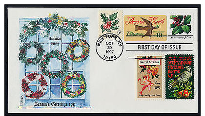 USA 1254,1552,3177,1580,1445 On FDC - Christmas, Birds, Holly - 1991-2000