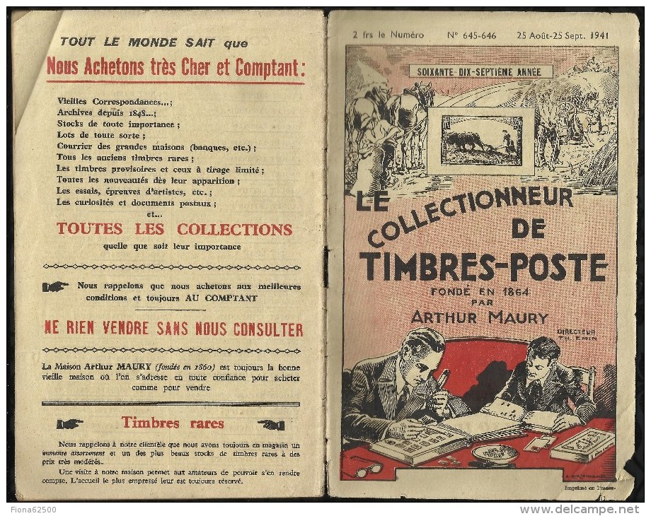 CATALOGUE . ARTHUR MAURY .  LE COLLECTIONNEUR DE TIMBRES - POSTE . N°  645-646 . 25 AOÛT-25 SEPTTEMBRE 1941 . - Covers & Documents
