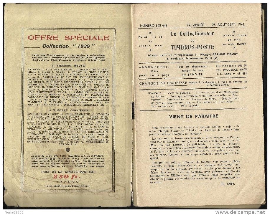 CATALOGUE . ARTHUR MAURY .  LE COLLECTIONNEUR DE TIMBRES - POSTE . N°  645-646 . 25 AOÛT-25 SEPTTEMBRE 1941 . - Lettres & Documents