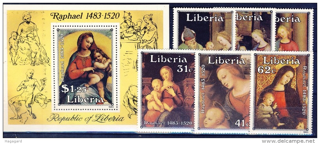 ##H545. Liberia 1983. Paintings. Raphael 500 Years. Michel 1281-86 + Bloc 105. MNH(**) - Liberia