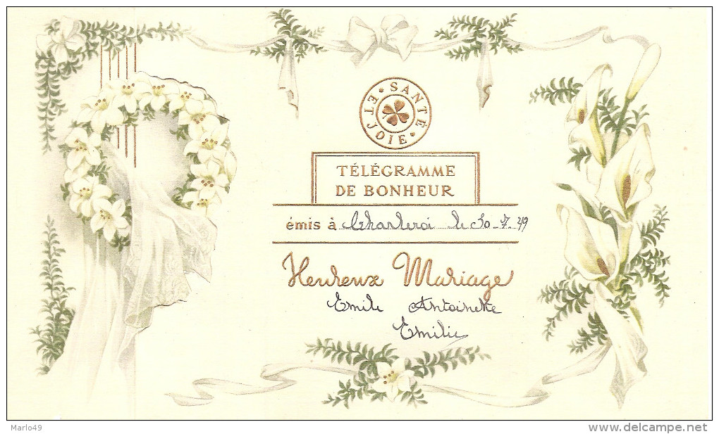 PK. TELEGRAMME DE BONHEUR - HEUREUSE MARIAGE - CHARLEROI 30/7/1949 - Noces